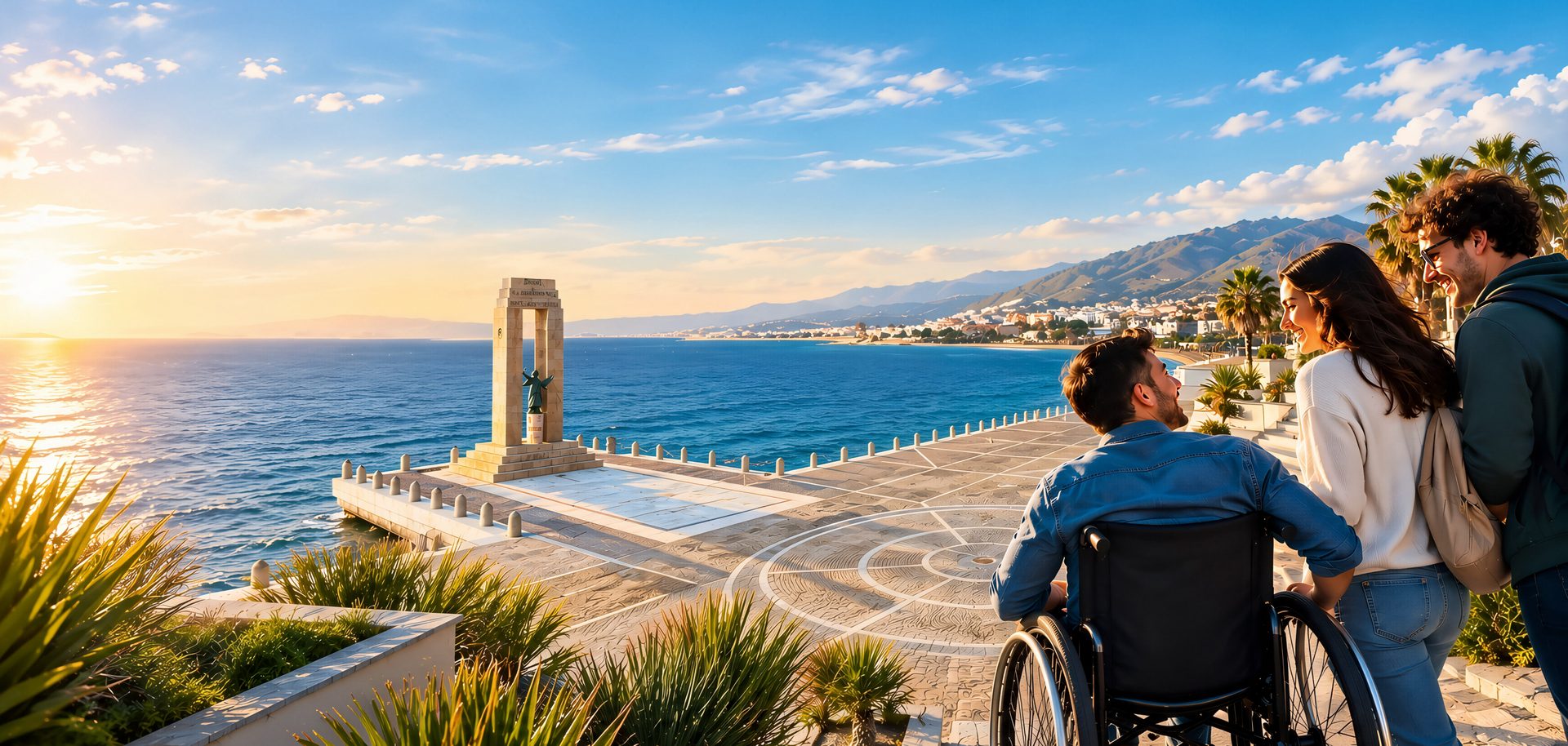 Tre giovani, uno in carrozzina, guardano il mare dal lungomare di Reggio Calabria al tramonto